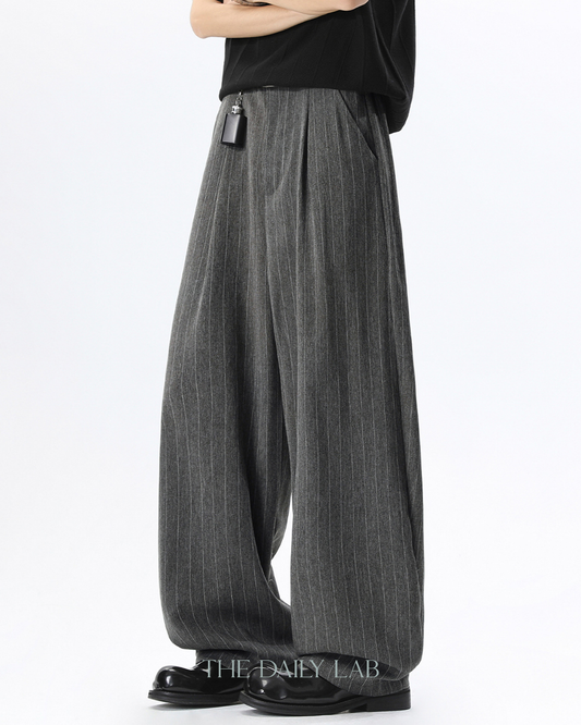 Pleated Retro Stripe Pants in Grey
