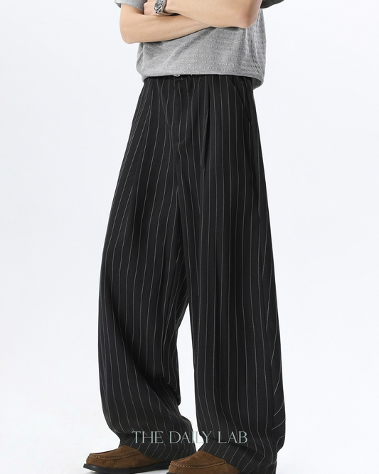 Pleated Retro Stripe Pants in Black
