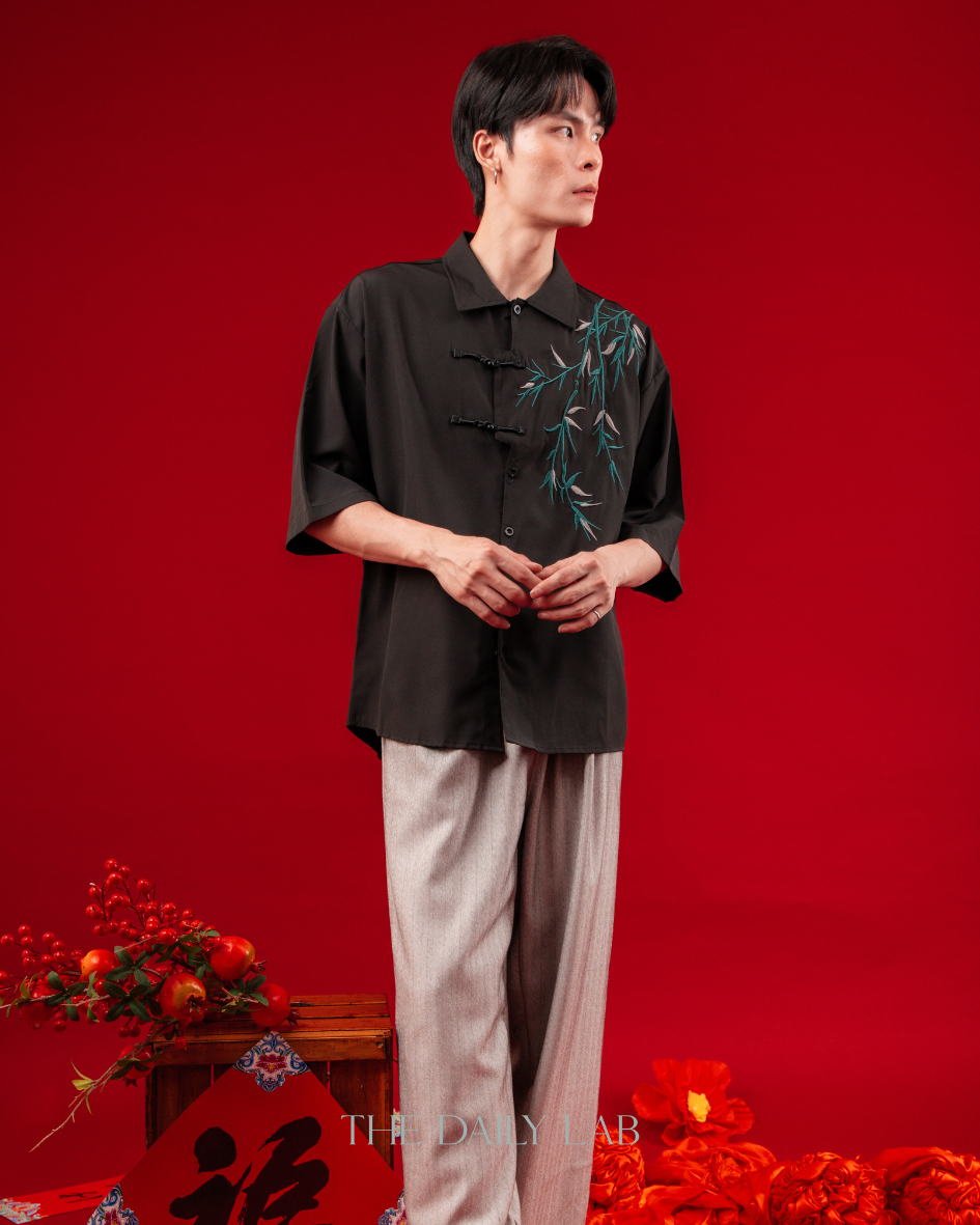 Embroidered Bamboo Chinese Shirt in Black