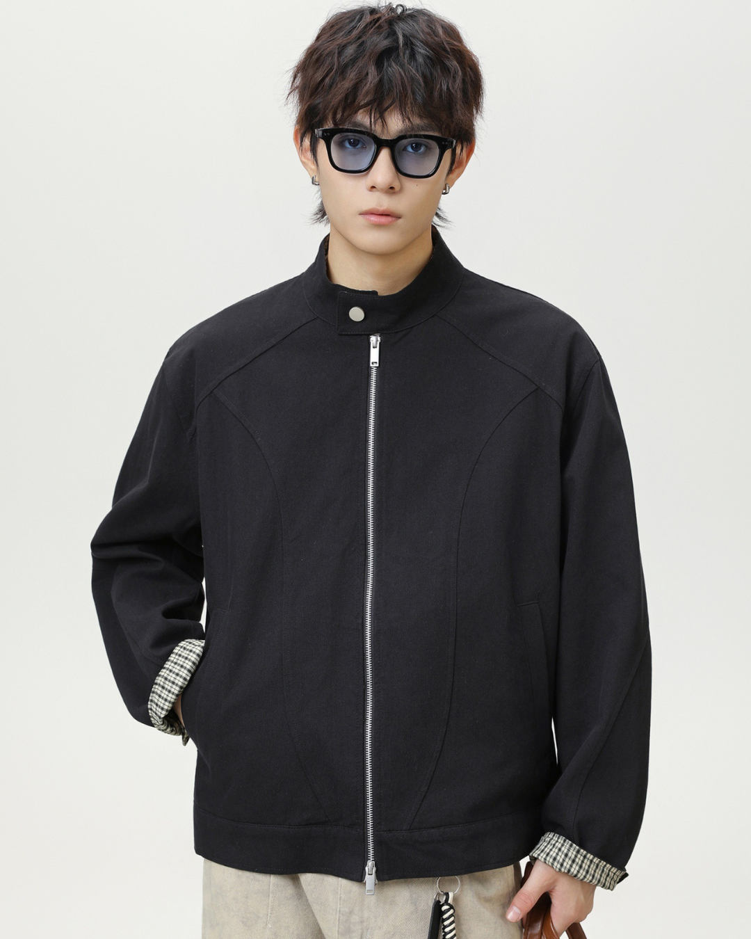 Vintage Checkered Harrington Jacket in Black