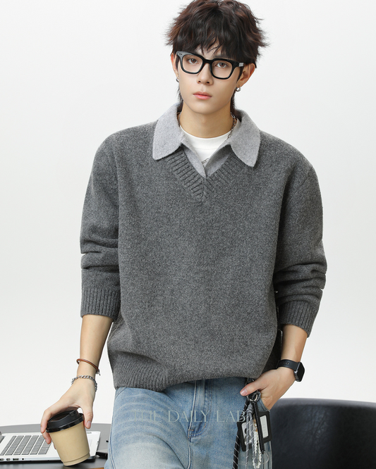 Vintage Lapel Knit Sweater Jacket in Grey