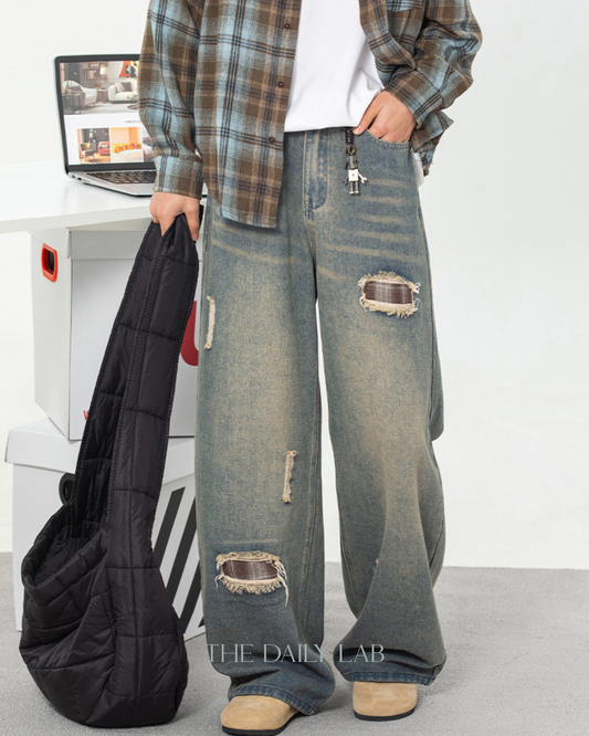 Plaid Patch Ripped Jeans in Blue