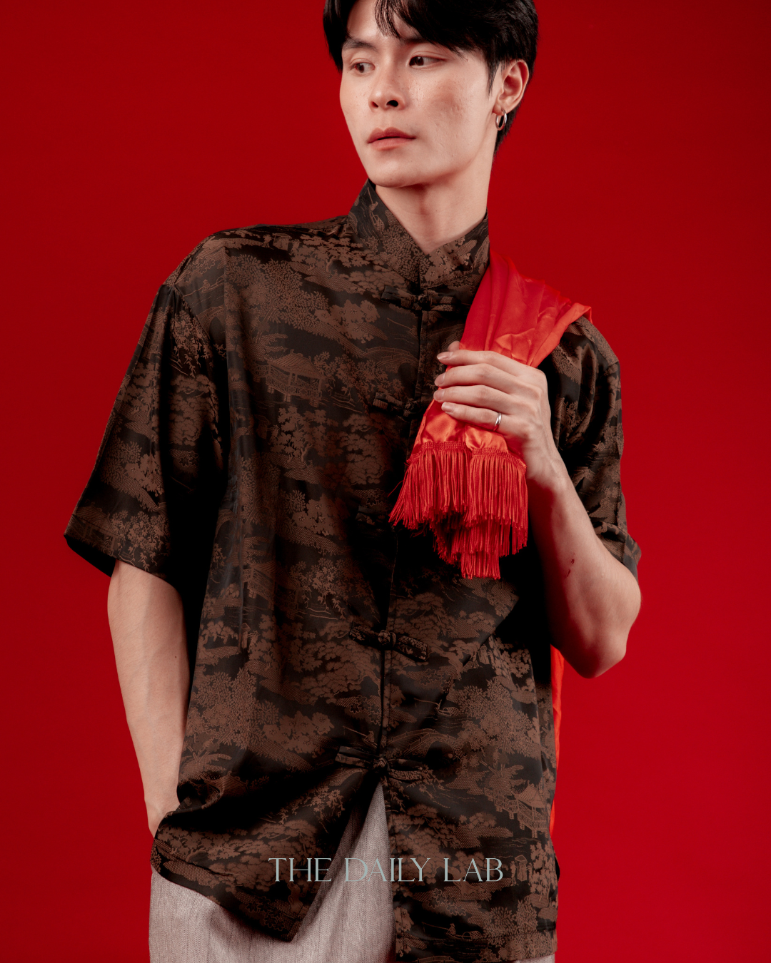 Lightweight Mandarin Collar Shirt in Brown