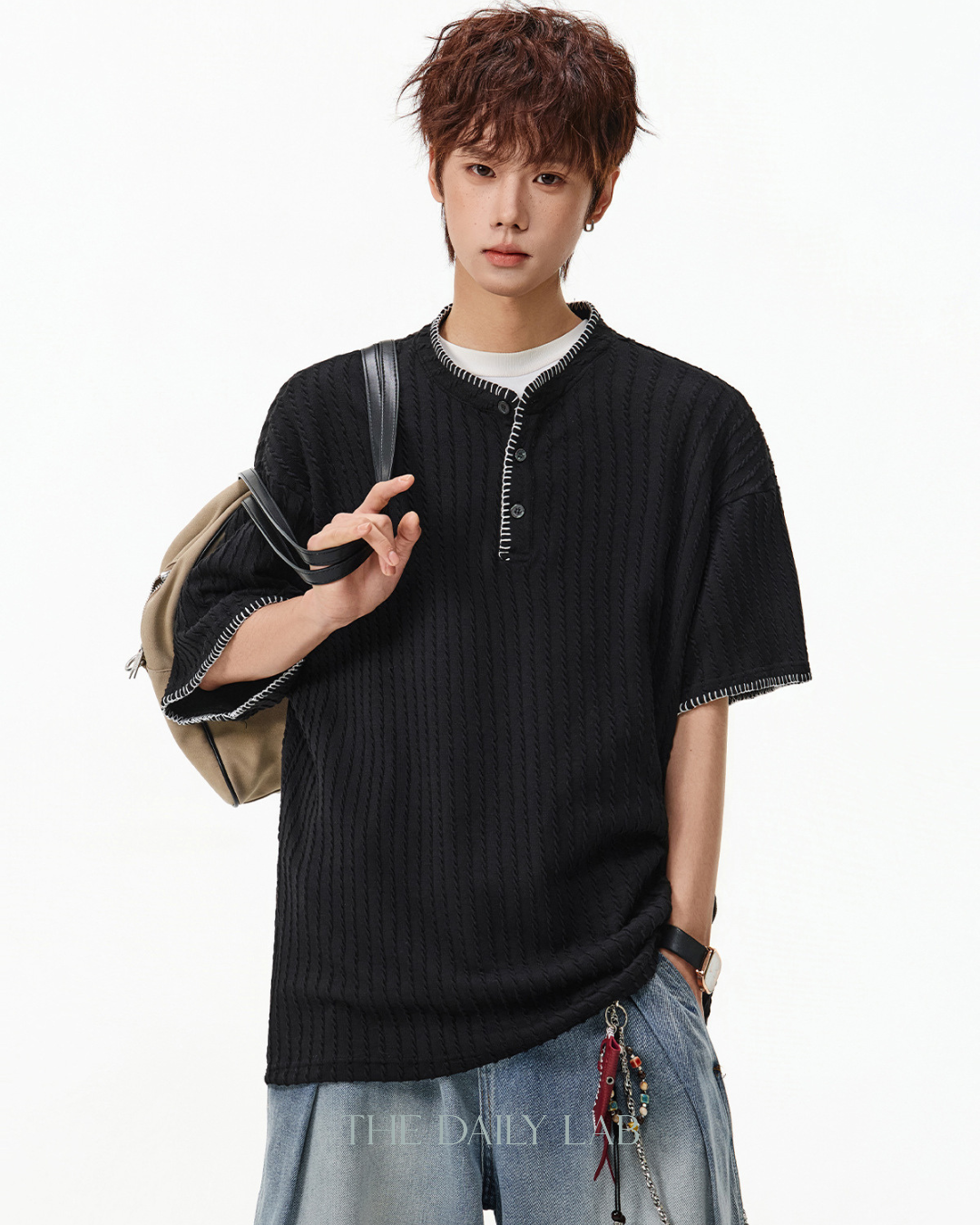Henley Knit Line Tee in Black