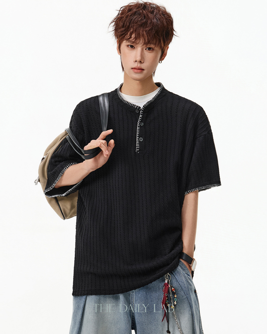 Henley Knit Line Tee in Black
