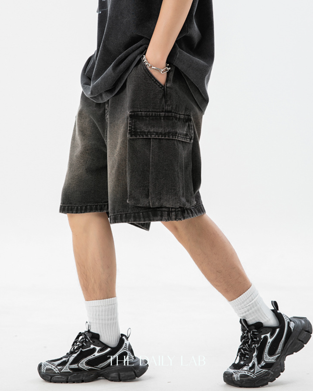 Denim Cargo Pocketed Shorts in Black