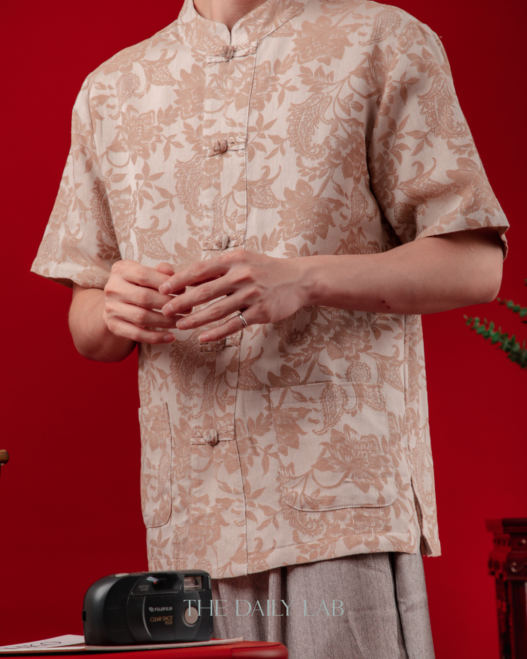 Chinese Style Floral Short Sleeve Shirt in Beige