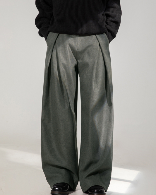 Cross-pleated design drapey casual dress pants In Grey