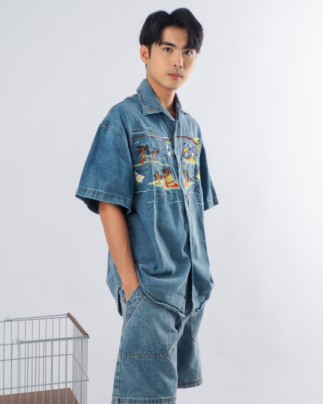 Retro Cartoon Embroidered Denim Shirt