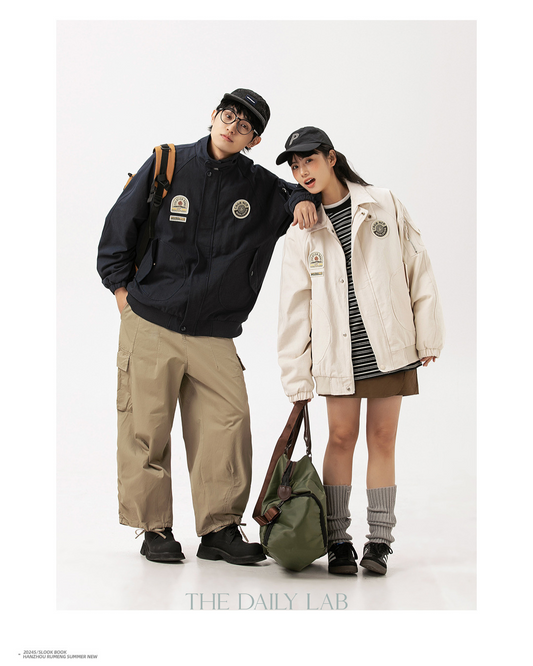 American Retro Badge Collared Bomber Jacket In Red