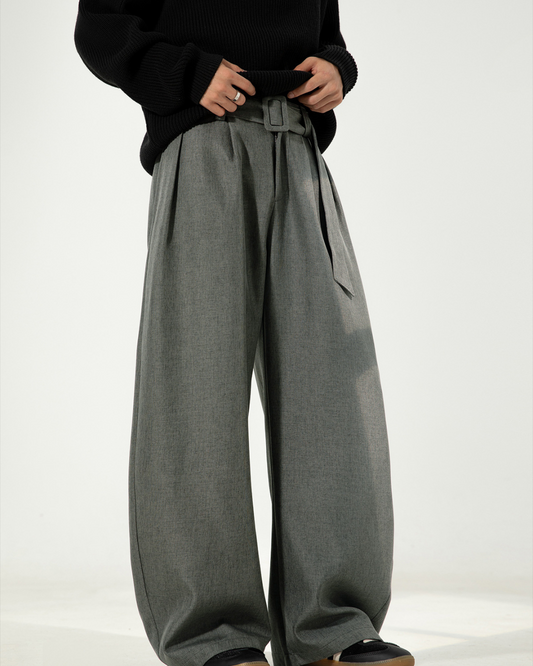 Pleated Draped Curved-Slit Suit Trousers In Dark Grey