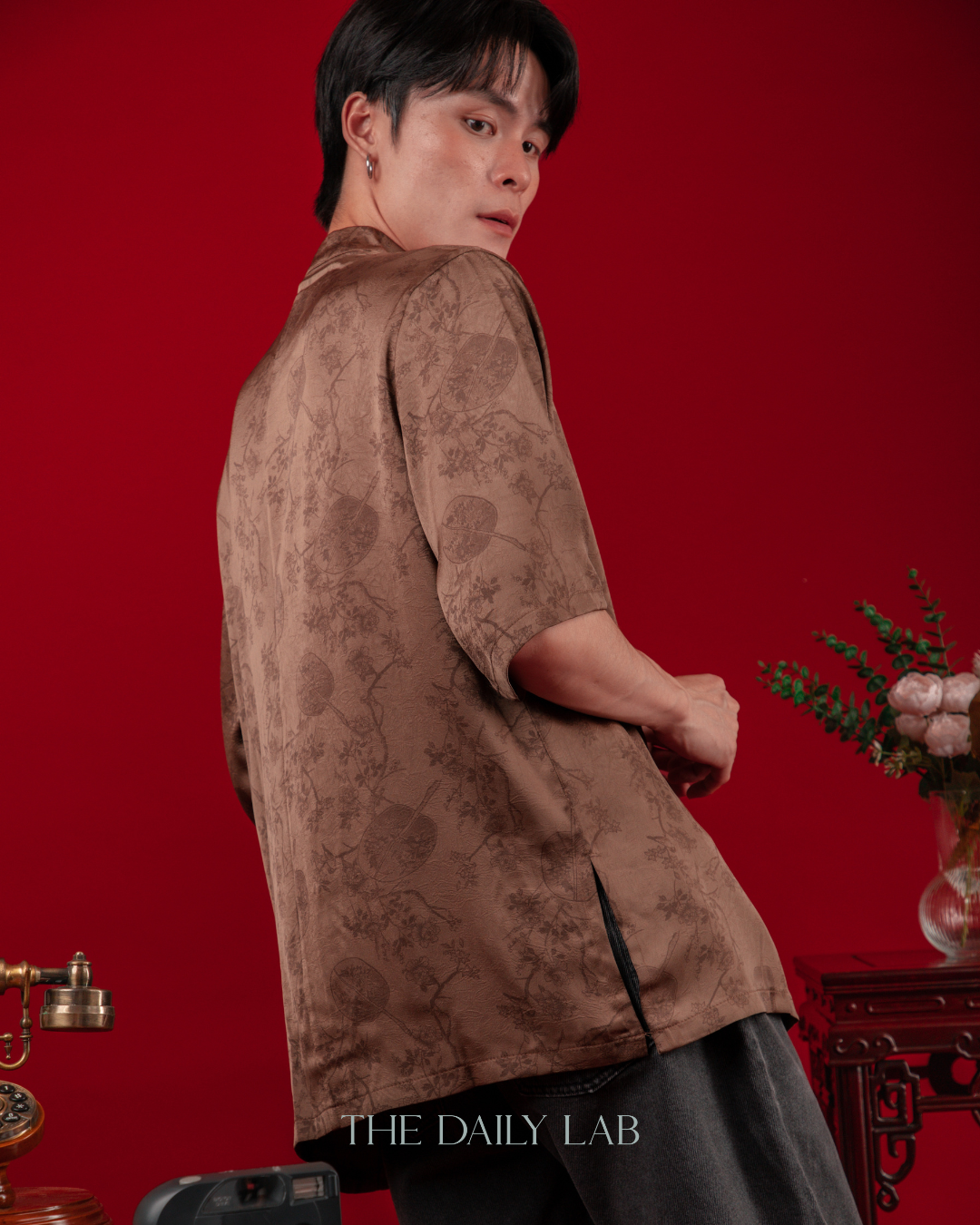 Chinese Style Ice Silk Shirt in Brown