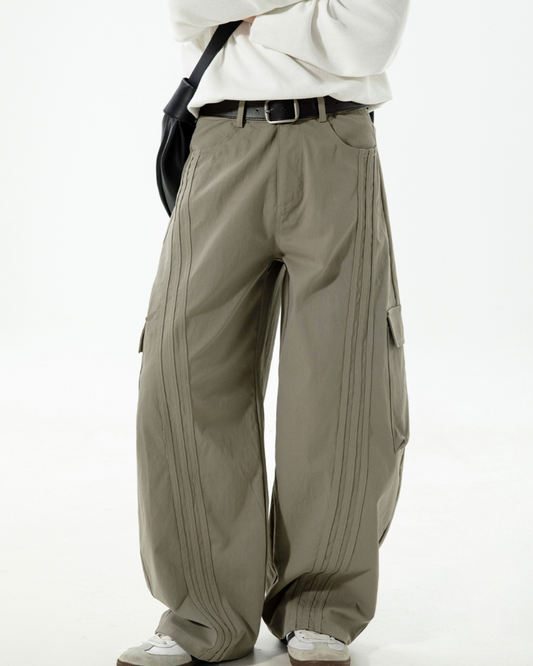 American Vintage Color-blocked Striped Curved Blade Pant In Grey Khaki