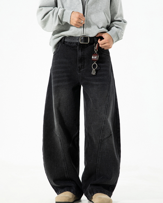 Structured Segmented Washed and Distressed Curved Blade Jeans In Black