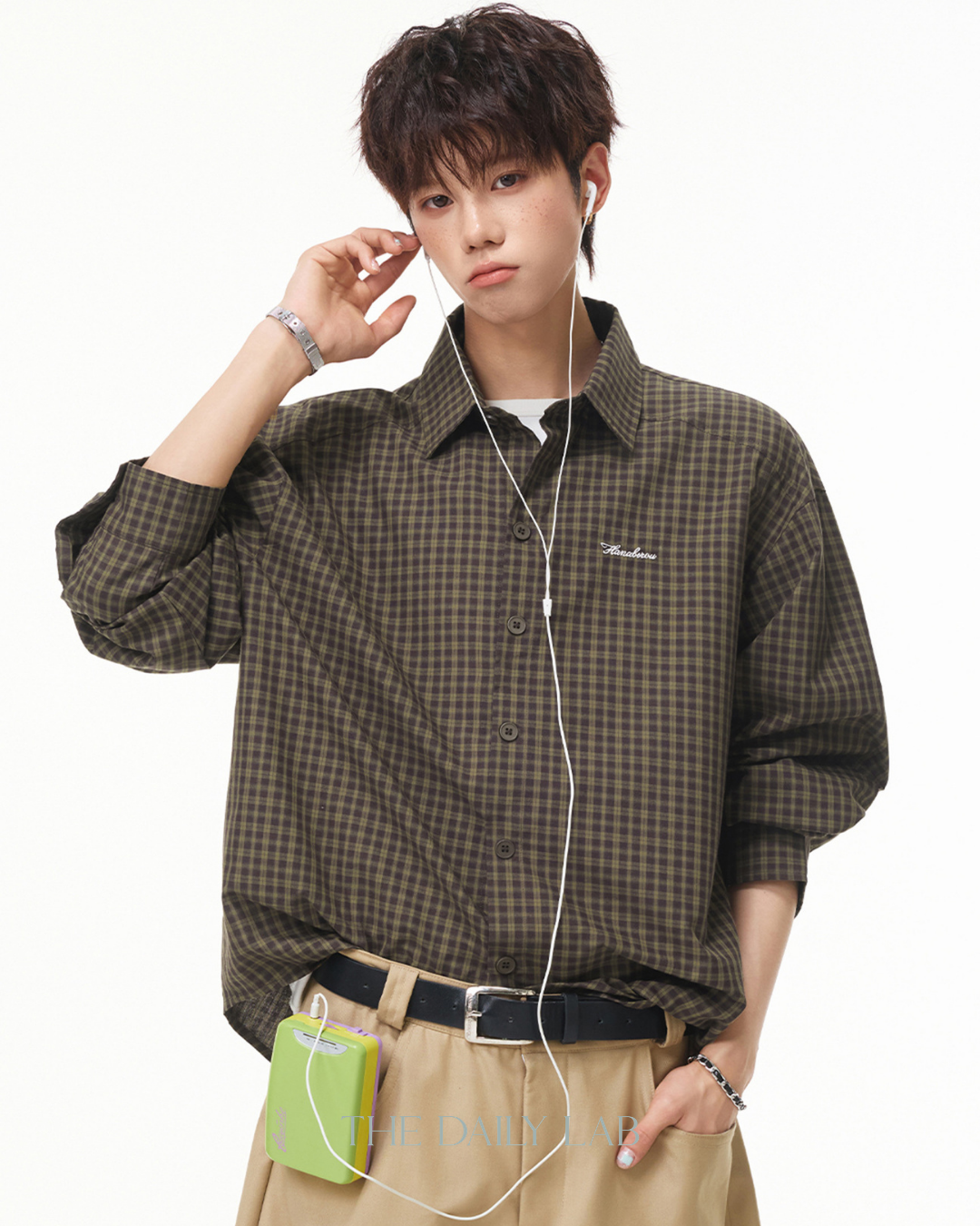 Vintage Check Embroidered Shirt in Green Brown