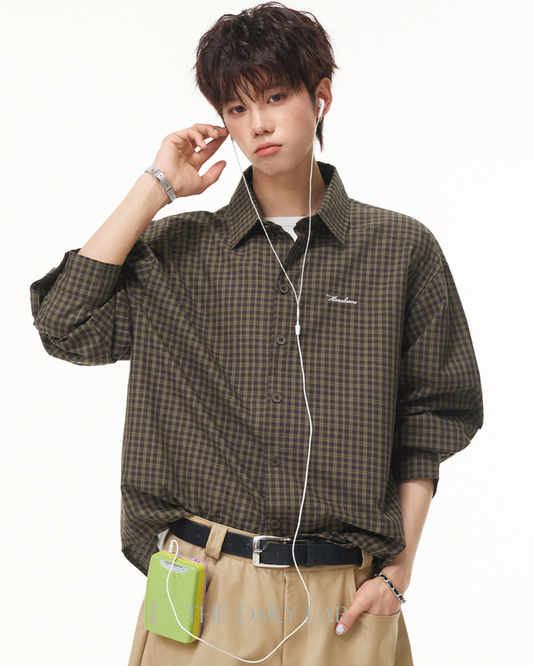 Vintage Check Embroidered Shirt in Green Brown