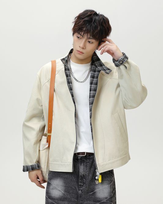 Vintage Checkered Harrington Jacket in White