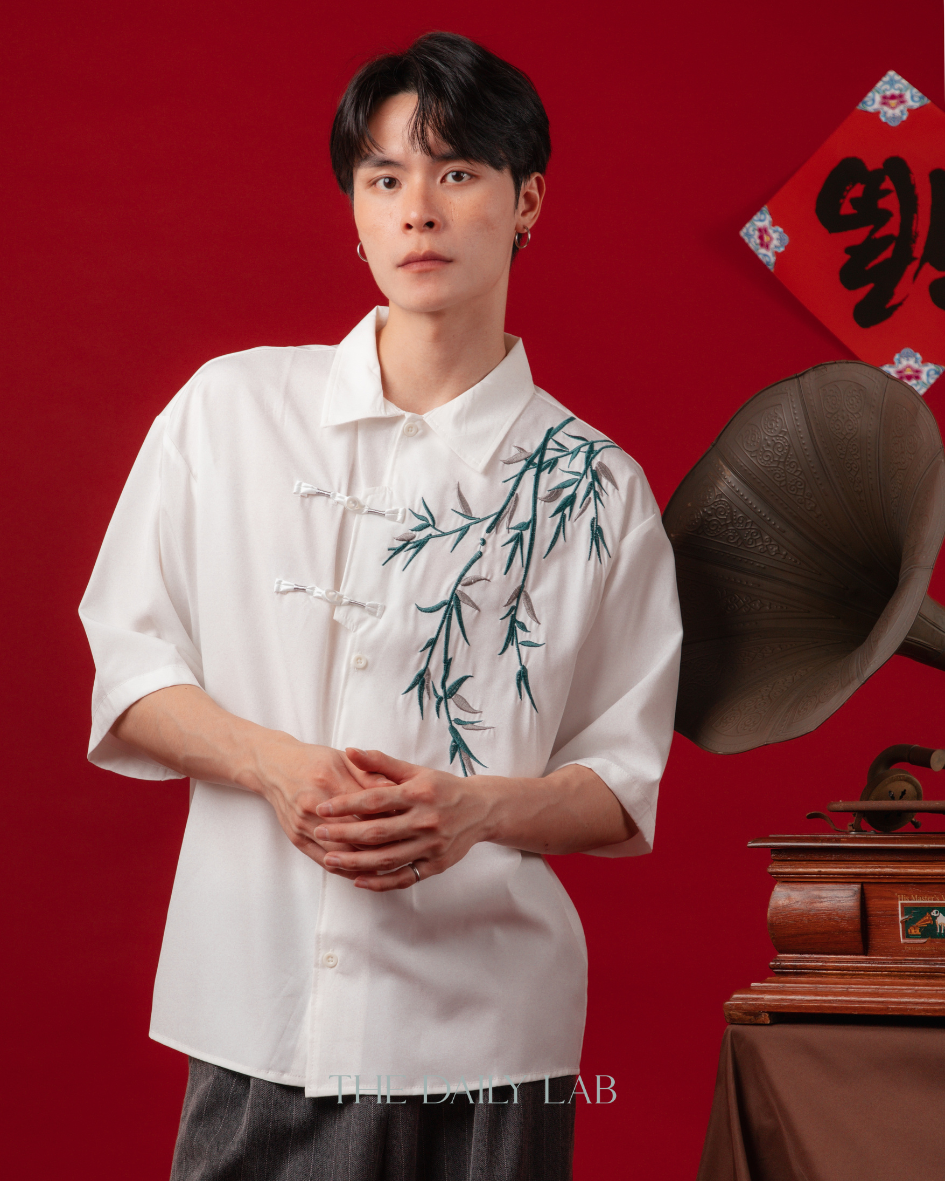 Embroidered Bamboo Chinese Shirt in White