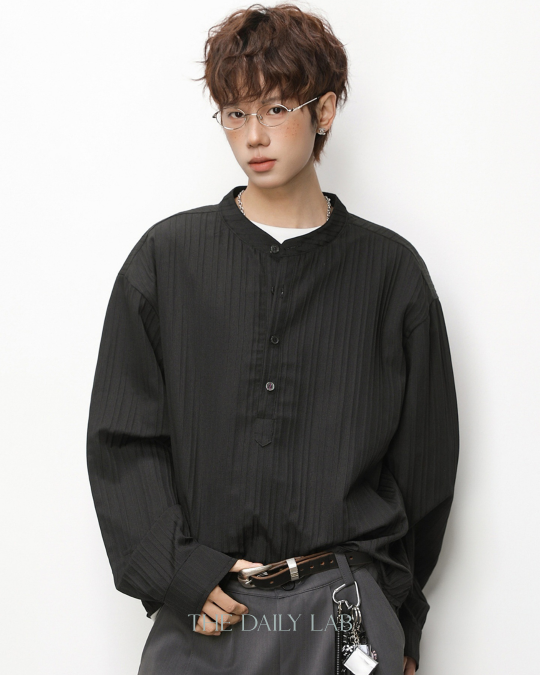 Textured Half-Placket Shirt in Black