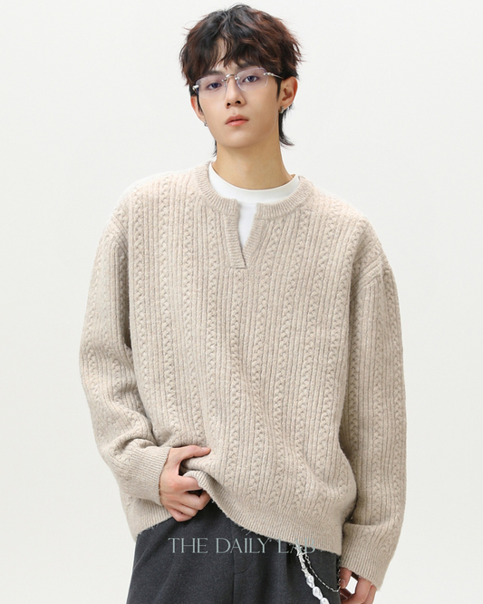 Oversized V-Neck Knit Sweater in Oatmeal