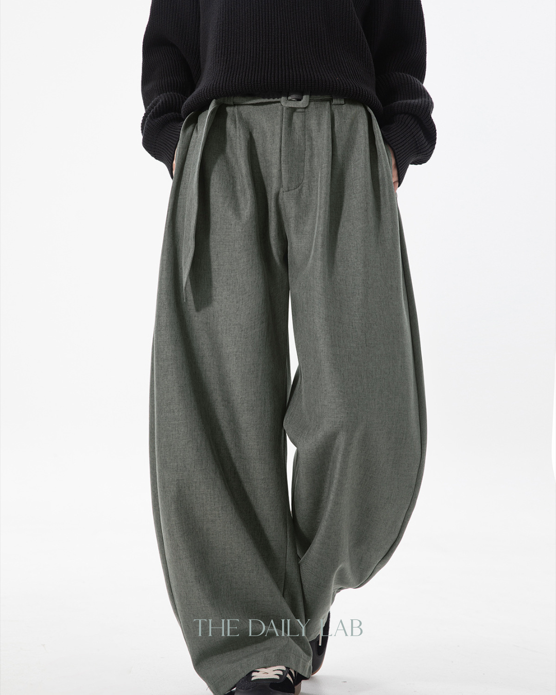 Pleated Draped Curved-Slit Suit Trousers In Dark Grey