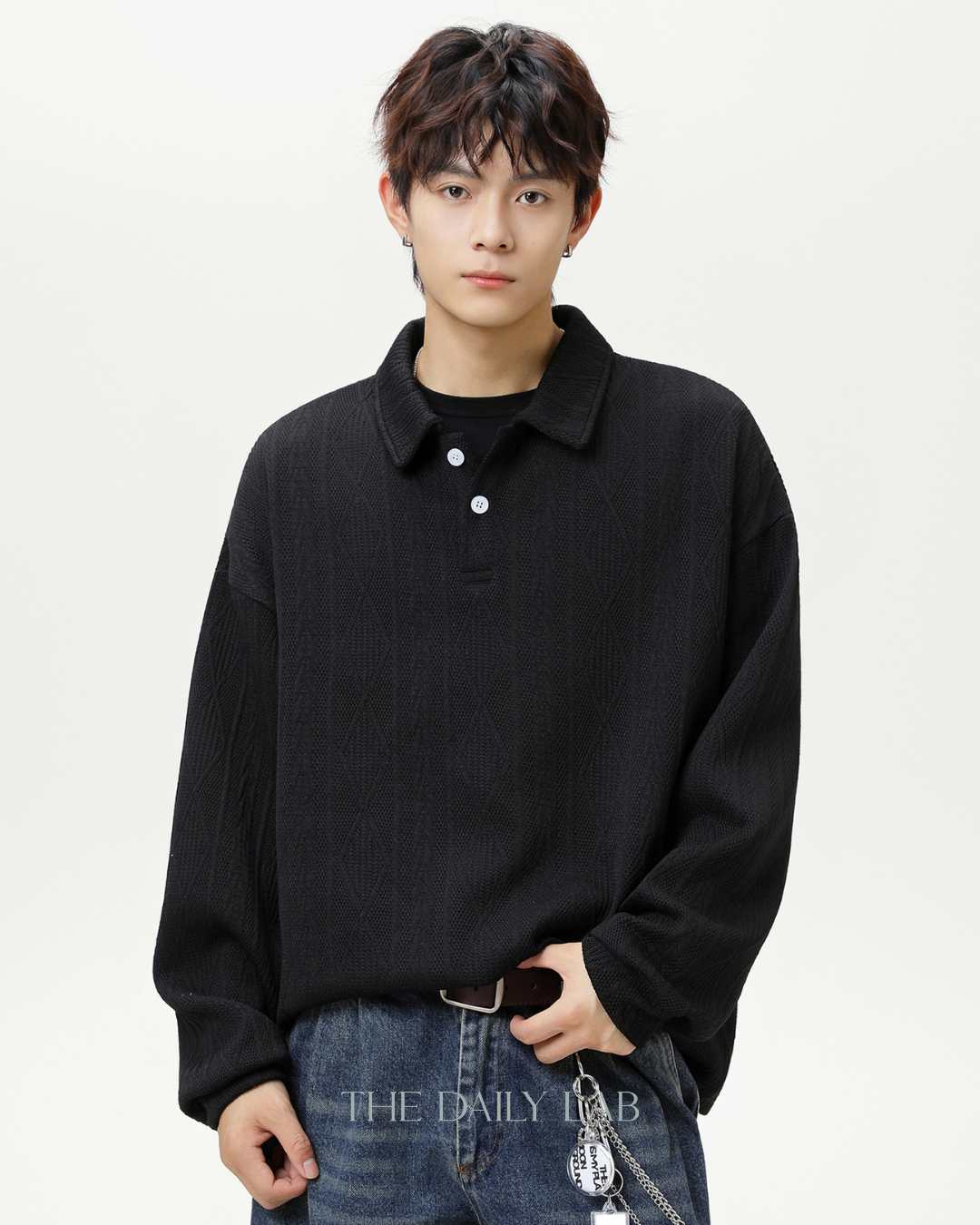 Heavyweight Textured Jacquard Turn-down Collar Sweatshirt In Black