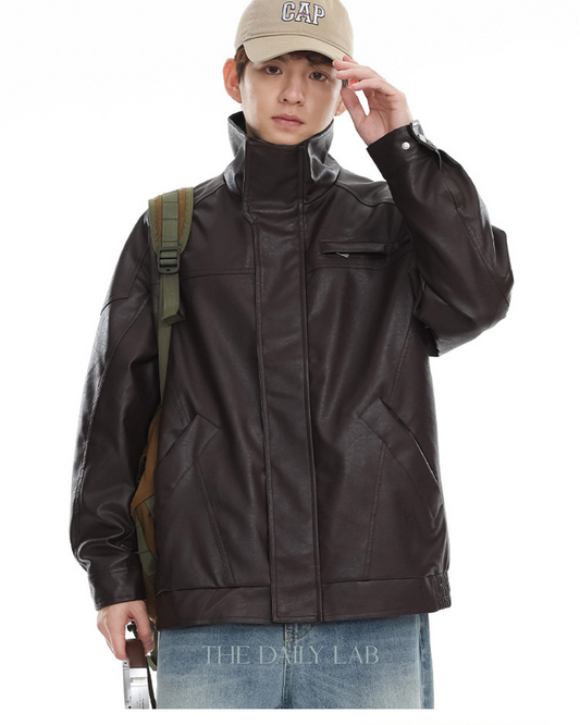 American Retro PU Leather Motorcycle Jacket In Brown