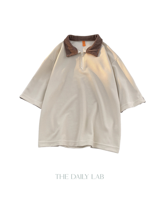 Waffle Half-Zip Collar Shirt in Beige (Size M)