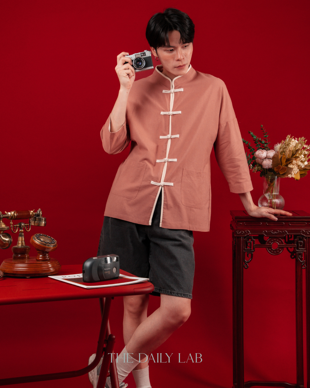 Chinese Style Cotton Linen Shirt in Pink