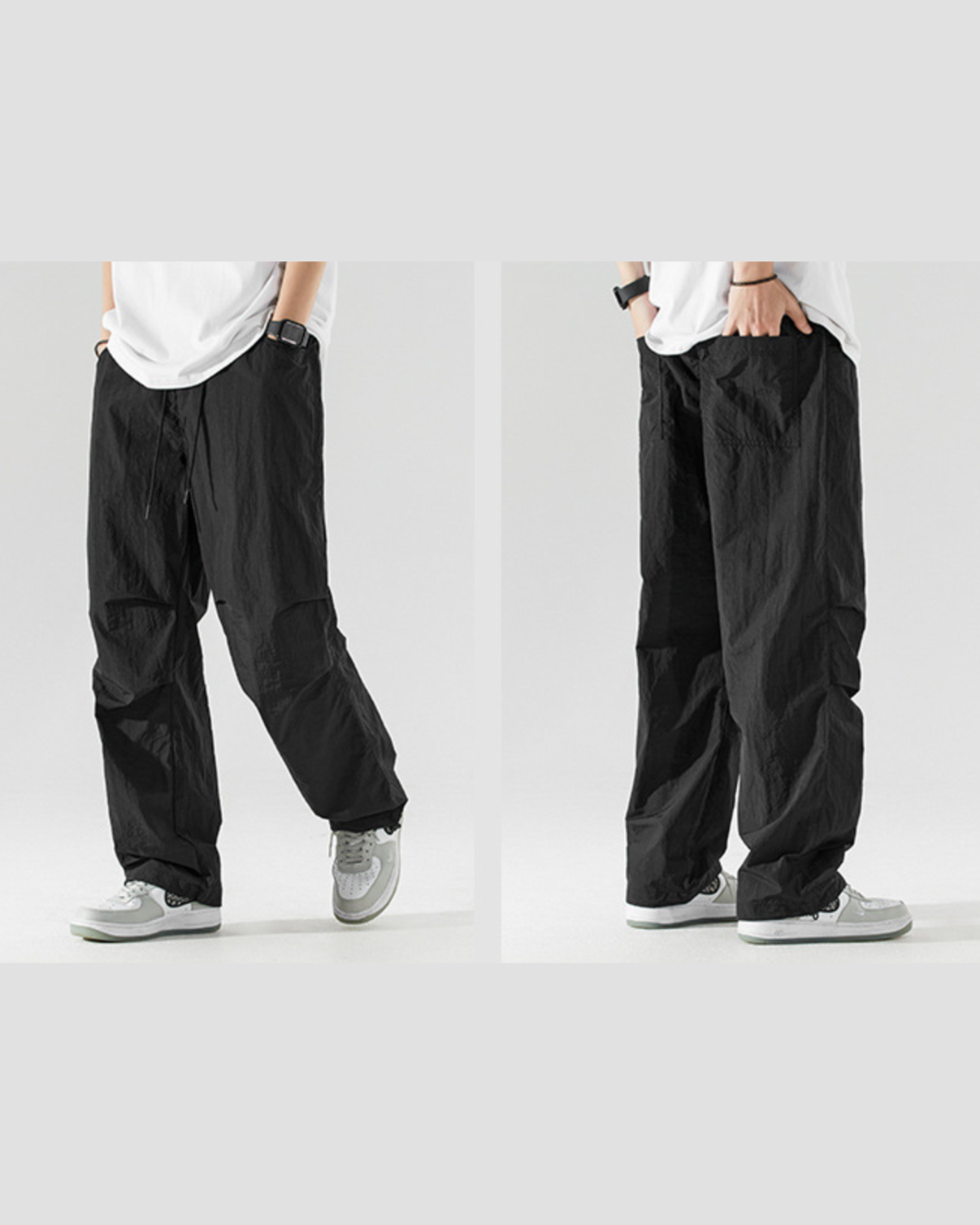 Nylon Pocketed Cargo Pants in Black