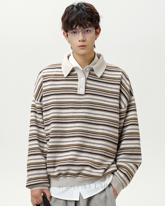 Vintage Striped Loose Casual  T-Shirt in White Coffee