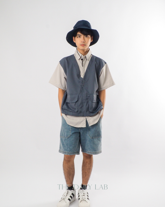 Japanese Techwear Layered Shirt in Navy