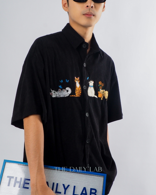Vintage Corduroy Cat Embroidery Shirt in Black