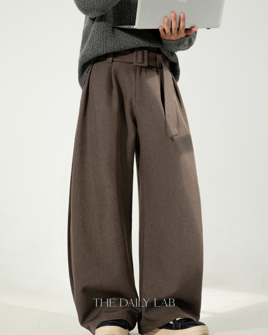 Pleated Draped Curved-Slit Suit Trousers In Brown