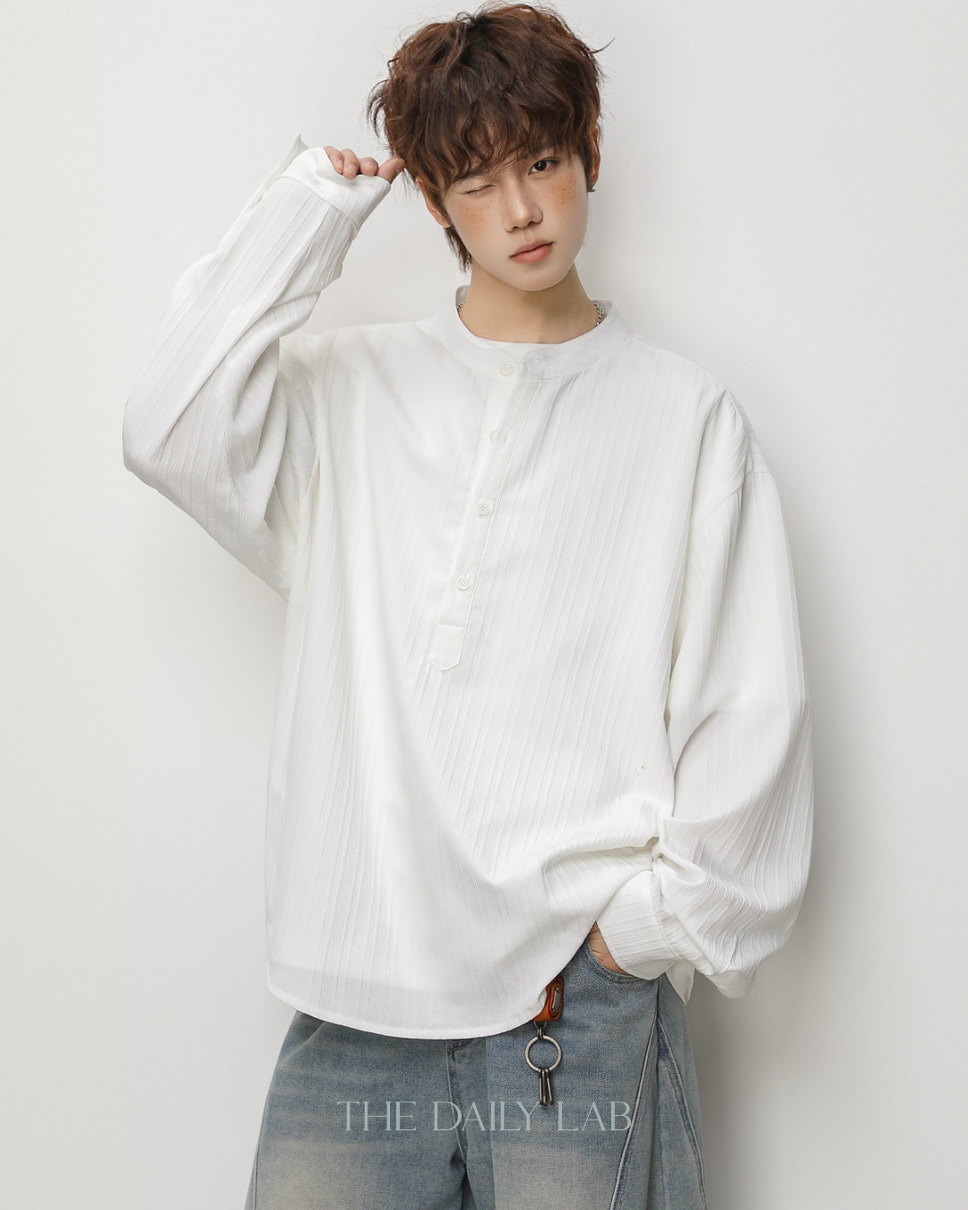 Textured Half-Placket Shirt in White