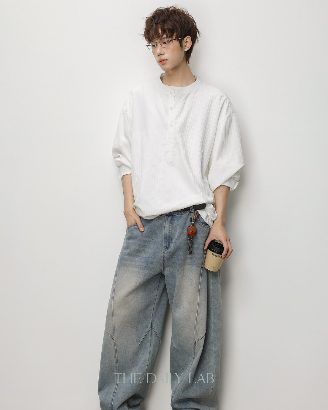 Textured Half-Placket Shirt in White