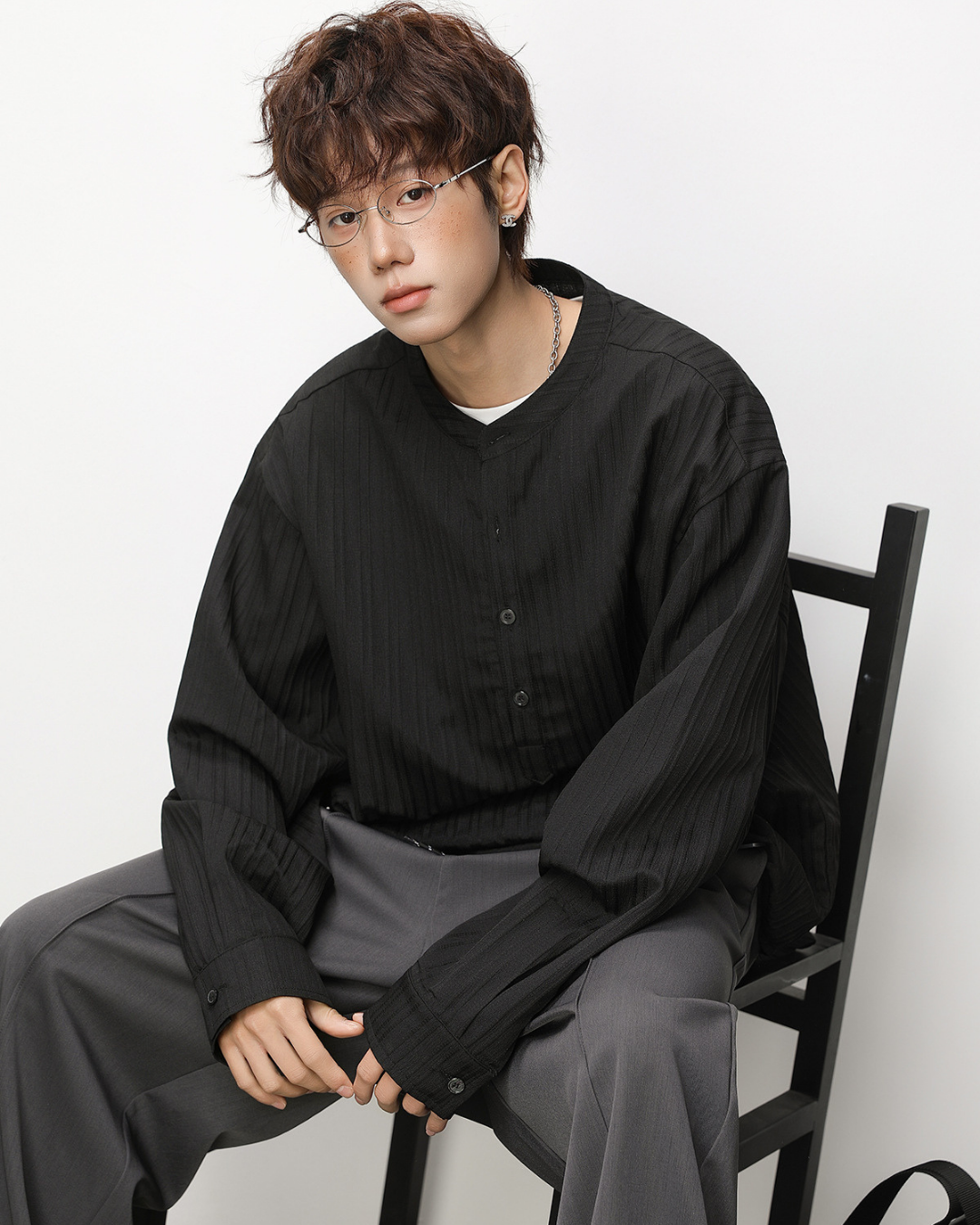 Textured Half-Placket Shirt in Black