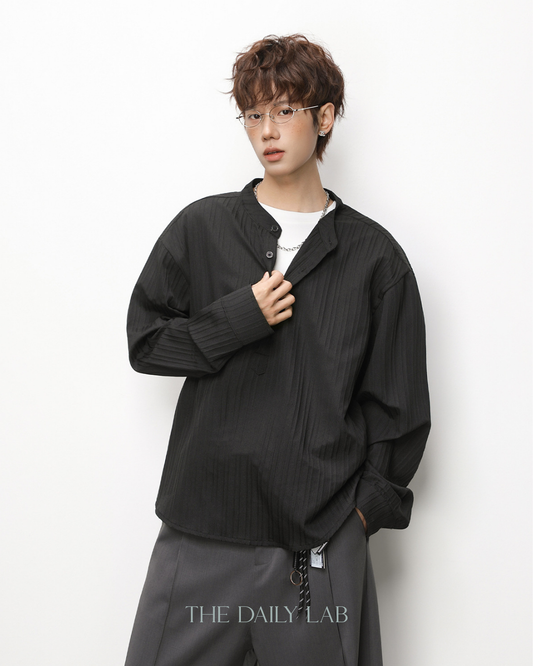Textured Half-Placket Shirt in Black