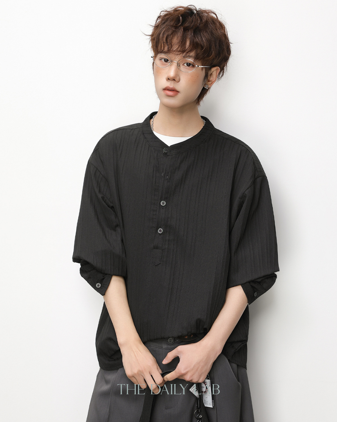 Textured Half-Placket Shirt in Black