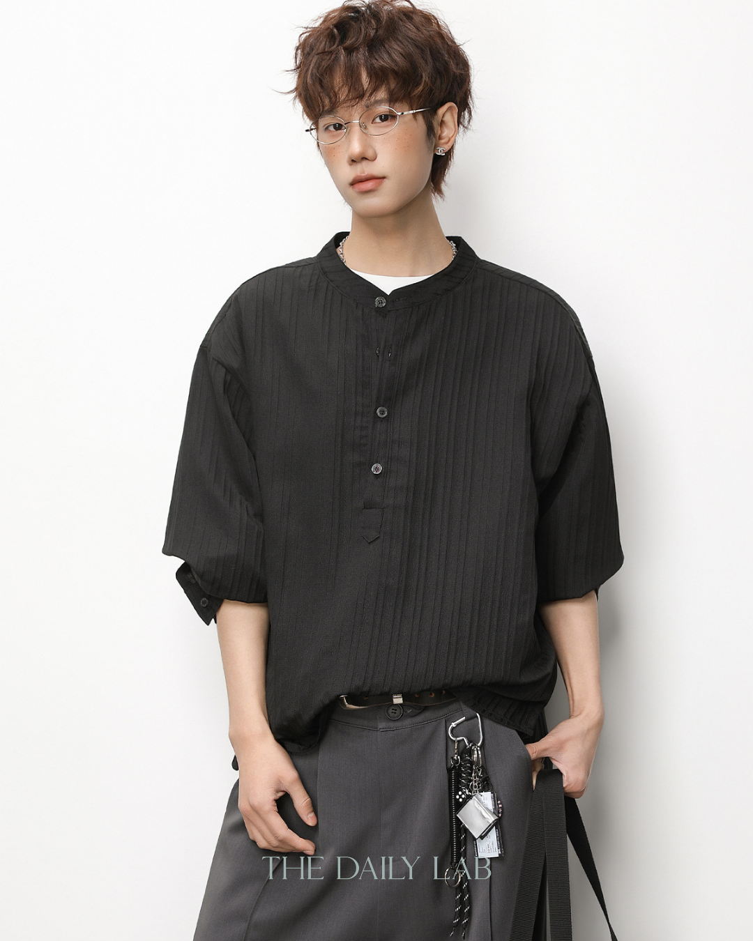 Textured Half-Placket Shirt in Black