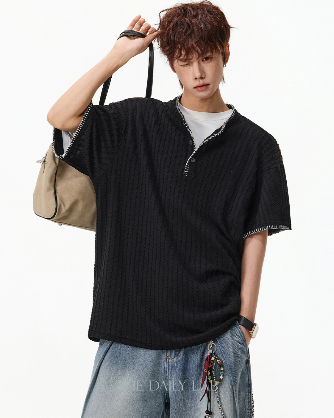 Henley Knit Line Tee in Black