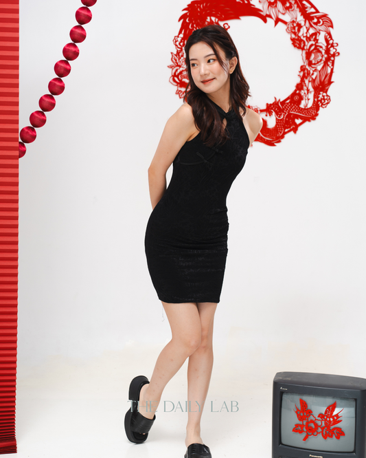 Lace Halter Qipao Mini Dress in Black