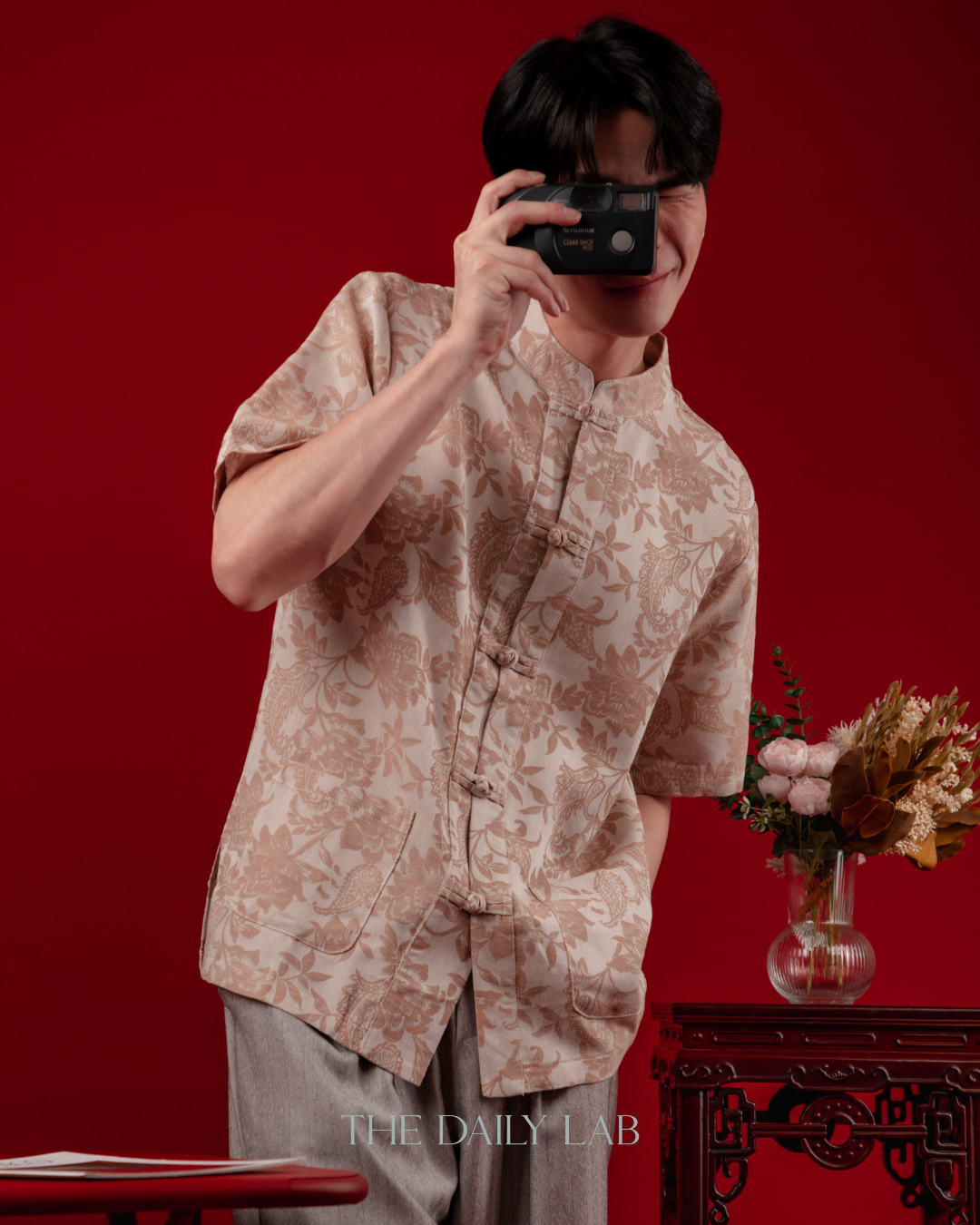 Chinese Style Floral Short Sleeve Shirt in Beige