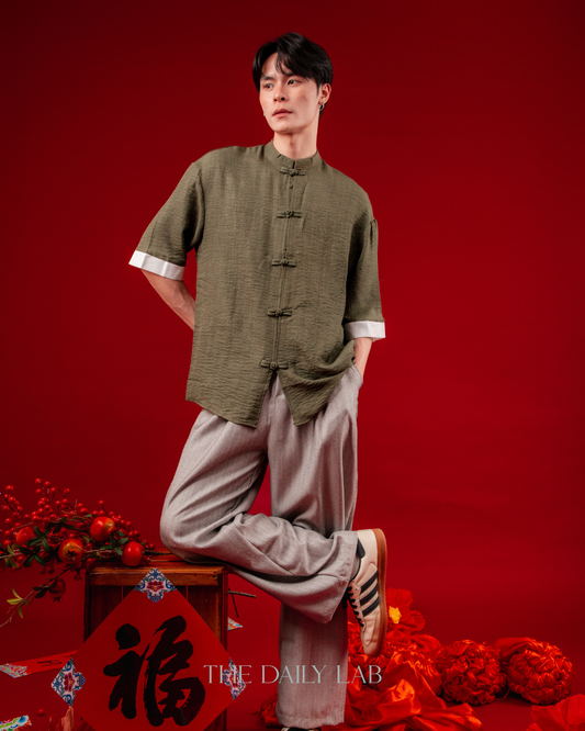 Vintage Linen Chinese Button Shirt in Green