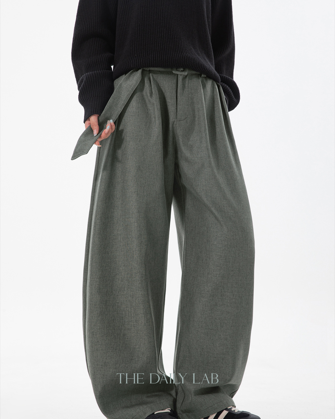 Pleated Draped Curved-Slit Suit Trousers In Dark Grey