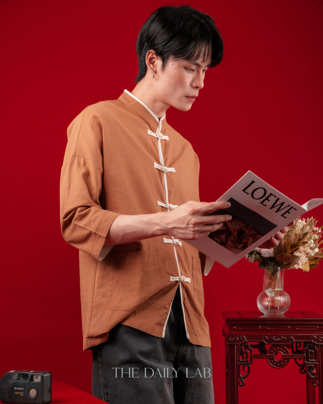 Chinese Style Cotton Linen Shirt in Coffee