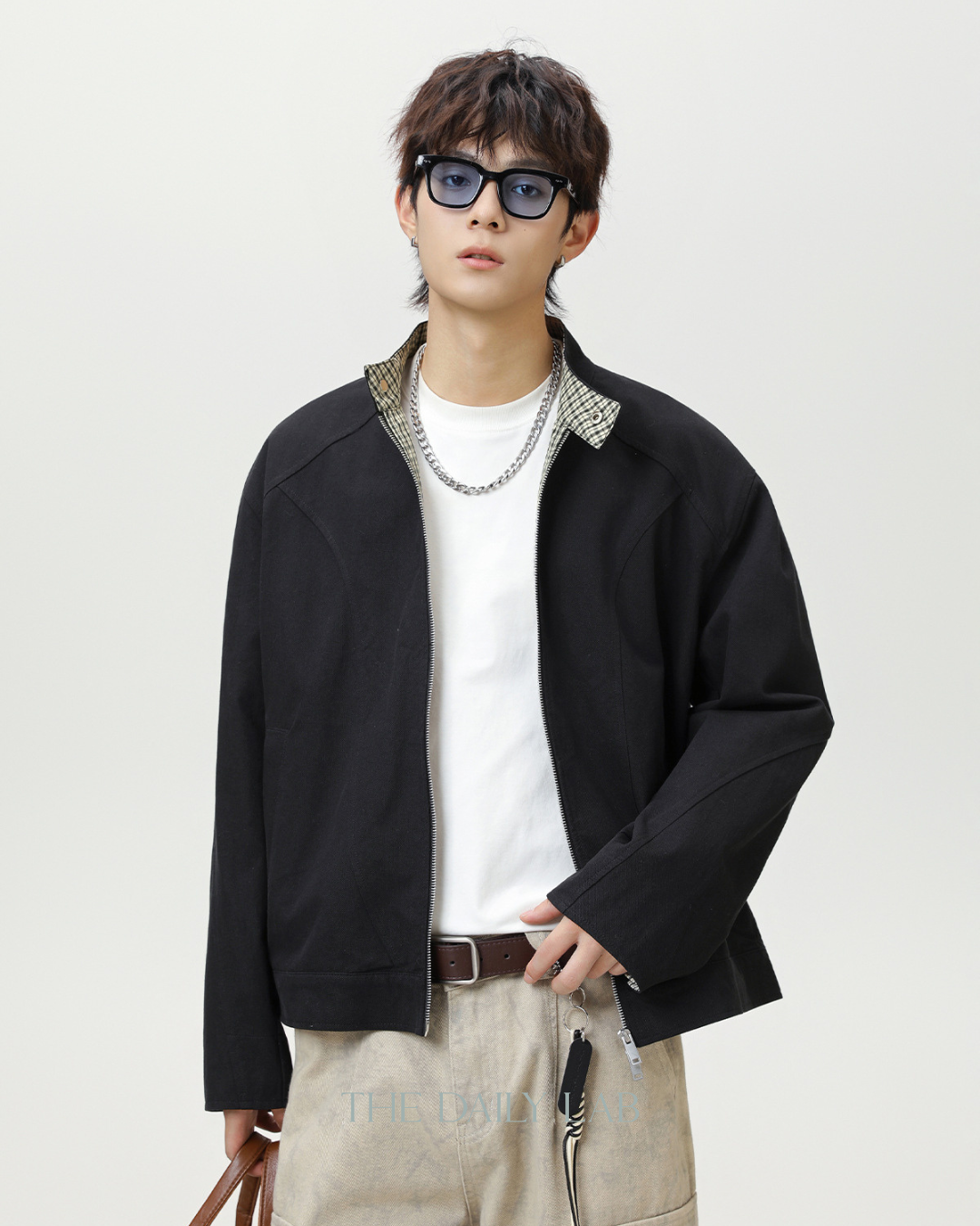Vintage Checkered Harrington Jacket in Black