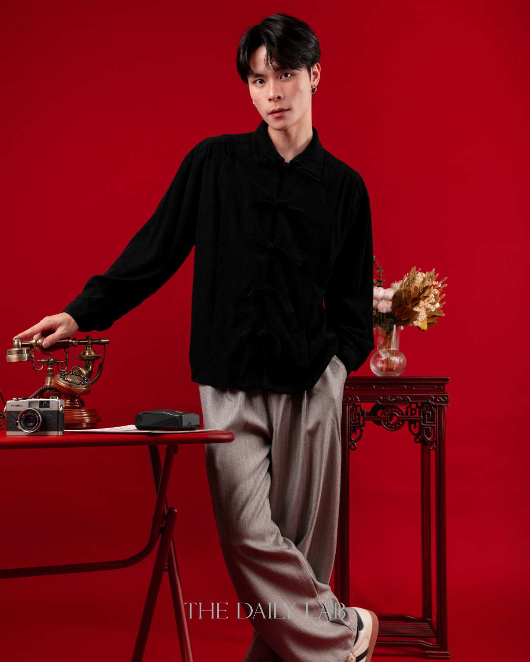 Spring Chinese Button Shirt Jacket in Black