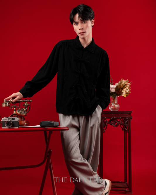 Spring Chinese Button Shirt Jacket in Black