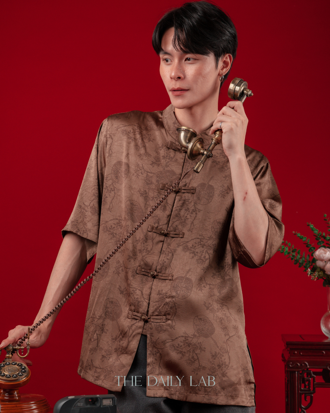 Chinese Style Ice Silk Shirt in Brown